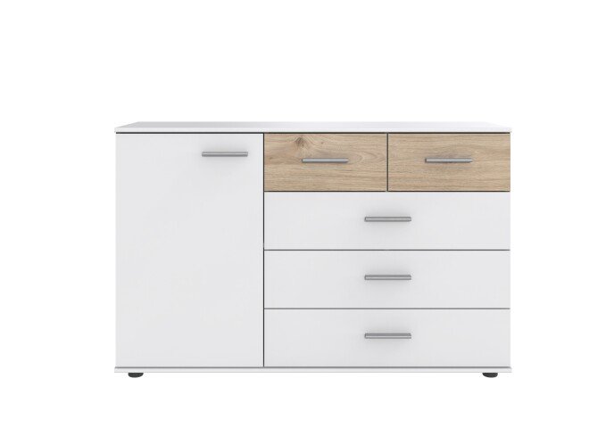 Kombikommode >Budapest< 1 Türen, 5 Schübe, weiss / Hickory-Eiche-Dekor - 130x83x41cm (B/H/T)