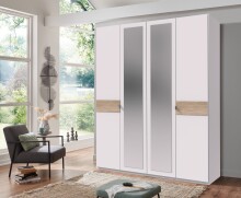 Drehtürenschrank >Budapest< 4 Türen, Spiegel, weiss / Hickory-Eiche-Dekor - 180x208x58cm (B/H/T)