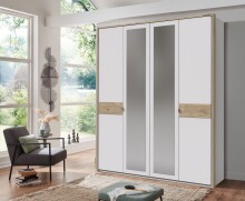 Drehtürenschrank >Budapest< 4 Türen, Spiegel, weiss / Hickory-Eiche-Dekor - 180x208x58cm (B/H/T)