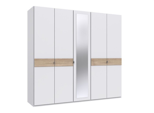 Drehtürenschrank >Budapest< 5 Türen, Spiegel, weiss / Hickory-Eiche-Dekor - 225x208x58cm (B/H/T)