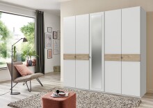 Drehtürenschrank >Budapest< 5 Türen, Spiegel, weiss / Hickory-Eiche-Dekor - 225x208x58cm (B/H/T)