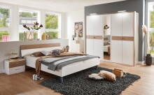 Drehtürenschrank >Budapest< 5 Türen, Spiegel, weiss / Hickory-Eiche-Dekor - 225x208x58cm (B/H/T)