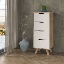 Hochkommode >VANKKA< 4 Schubladen, Planked Eiche Dekor / Weiss - 45x108,7x42cm (B/H/T)