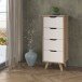 Hochkommode >VANKKA< 4 Schubladen, Planked Eiche Dekor / Weiss - 45x108,7x42cm (B/H/T)