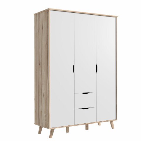 Kleiderschrank >VANKKA< 2 Schübe, Planked Eiche Dekor / Weiss - 139,4x201,5x52,7cm (B/H/T)