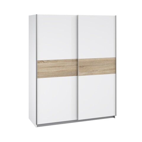 Schiebetürenschrank >WINNER< 2 Böden, 2 Stangen, Weiss / Sonoma Eiche - 150x190,5x61,2cm (BxHxT)