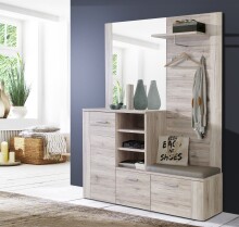 Kompaktgarderobe >BIG BANG< 3 Türen, Spiegel, 3 Haken, Sandeiche Dekor - 155,2x200x41,6cm (BxHxT)