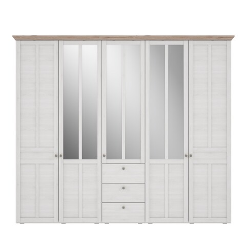 Drehtürenschrank >ILOPPA< 5 Türen, 3 Schübe, weiss / Spiegel - 254,4x216,6x62,1cm (B/H/T)