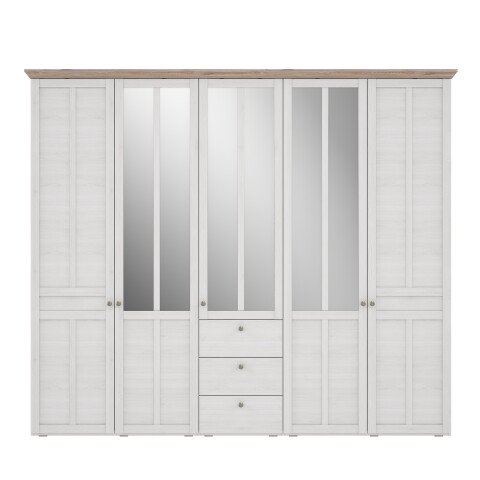 Drehtürenschrank >ILOPPA< 5 Türen, 3 Schübe, weiss / Spiegel - 254,4x216,6x62,1cm (B/H/T)
