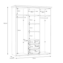 Drehtürenschrank >ILOPPA< 3 Türen, 3 Schübe, weiss / Spiegel - 155x192,6x57,3cm (B/H/T)