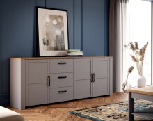 Sideboard >BOHOL< 3 Türen. 3 Schübe, Riviera Eiche / Eiche grau - 220,8x87x42cm (BxHxT)