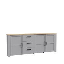 Sideboard >BOHOL< 3 Türen. 3 Schübe, Riviera Eiche / Eiche grau - 220,8x87x42cm (BxHxT)