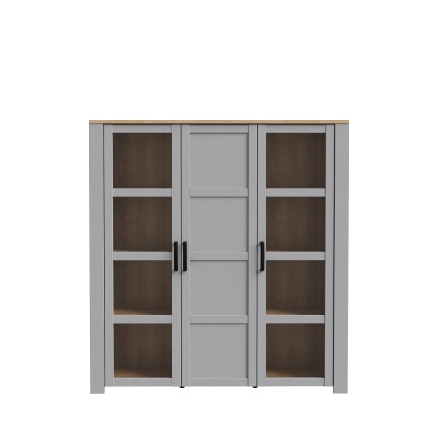 Stauraumvitrine >BOHOL< 3 Türen, Riviera Eiche Dekor / Eiche grau - 151,1x160,6x42cm (BxHxT)
