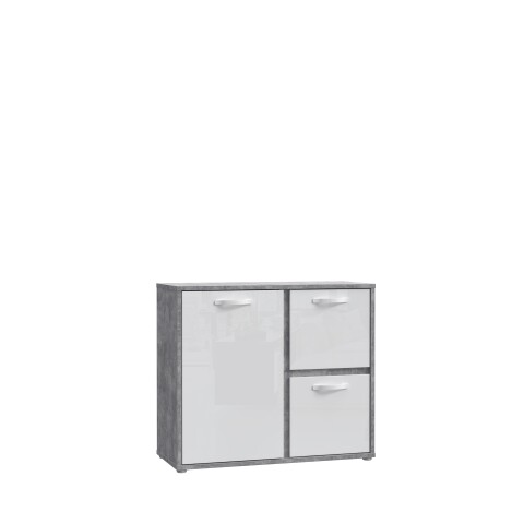 Kommode >CANMORE< 3 Türen, Betonoptik grau / Weiß Hochglanz - 99,5x86,3x41,5cm (B/H/T)