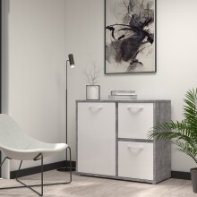 Kommode >CANMORE< 3 Türen, Betonoptik grau / Weiß Hochglanz - 99,5x86,3x41,5cm (B/H/T)