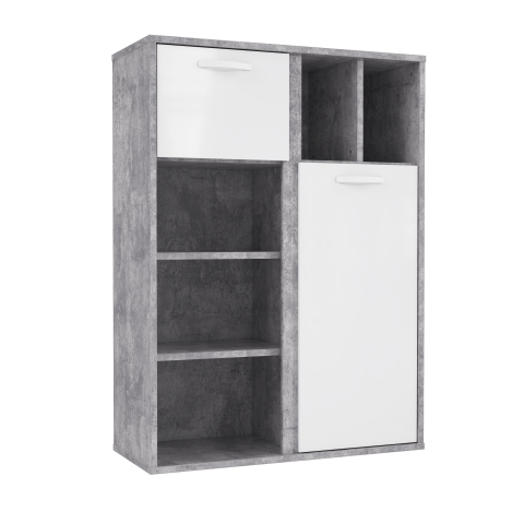 Stauraumregal >CANMORE< 2 Türen, Betonoptik grau / Weiß Hochglanz - 99,5x137,5x41,5cm (B/H/T)