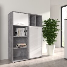Stauraumregal >CANMORE< 2 Türen, Betonoptik grau / Weiß Hochglanz - 99,5x137,5x41,5cm (B/H/T)