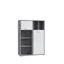 Stauraumregal >CANMORE< 2 Türen, Betonoptik grau / Weiß Hochglanz - 99,5x137,5x41,5cm (B/H/T)