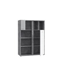 Stauraumregal >CANMORE< 2 Türen, Betonoptik grau / Weiß Hochglanz - 99,5x137,5x41,5cm (B/H/T)