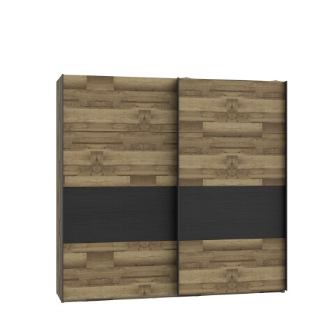 Schwebetürenschrank >JAKOBINA< 2 Türen, Stabeiche Dekor / Schwarz Eiche - 220,1x210,5x61,2cm (B/H/T)