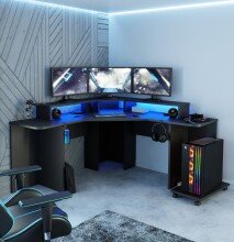 Eckschreibtisch >TEZAUR< Gamingtisch, LED-Wechselbeleuchtung, schwarz - 160x91,1x160cm (B/H/T)