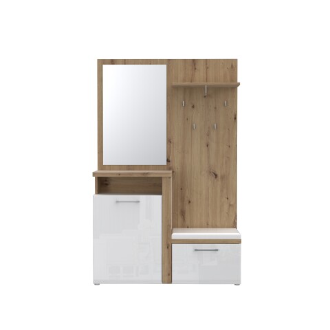 Kompaktgarderobe >TULUZA< Spiegel, Weiss / Artisan Eiche Dekor - 128,5x200,8x43,4cm (B/H/T)