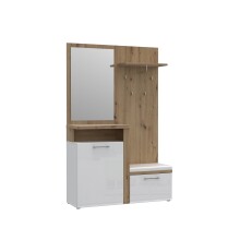 Kompaktgarderobe >TULUZA< Spiegel, Weiss / Artisan Eiche Dekor - 128,5x200,8x43,4cm (B/H/T)