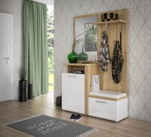 Kompaktgarderobe >TULUZA< Spiegel, Weiss / Artisan Eiche Dekor - 128,5x200,8x43,4cm (B/H/T)