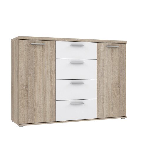 Sideboard >WINNIE< 4 Schübe, 2 Türen, weiss / Sonoma Eiche Dekor - 129,6x93x38cm (B/H/T)
