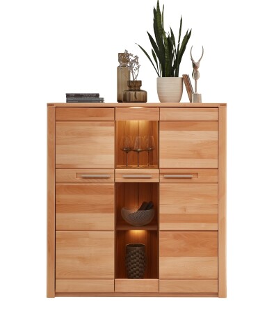 Highboard >Nature One< 3 Türen, mit LED, FSC, Kernbuche teilmassiv - 127x137x40cm (B/H/T)