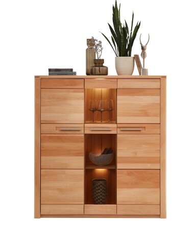 Highboard >Nature One< 3 Türen, mit LED, FSC, Kernbuche teilmassiv - 127x137x40cm (B/H/T)