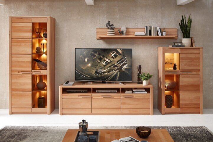 Wohnwand >Nature One< 4-teilig, mit LED, FSC, in Kernbuche teimassiv - 390x203x45cm (B/H/T)