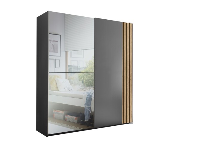 Schiebetürenschrank >Berno< 2 Türen, Grau / Spiegel / Eiche Dekor - 170x195,5x57,2cm (BxHxT)