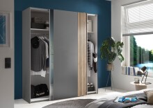 Schiebetürenschrank >Berno< 2 Türen, Grau / Spiegel / Eiche Dekor - 170x195,5x57,2cm (BxHxT)