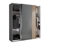 Schiebetürenschrank >Berno< 2 Türen, Grau / Spiegel / Eiche Dekor - 170x195,5x57,2cm (BxHxT)