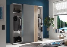 Schiebetürenschrank >Berno< 2 Türen, Grau / Spiegel / Eiche Dekor - 170x195,5x57,2cm (BxHxT)