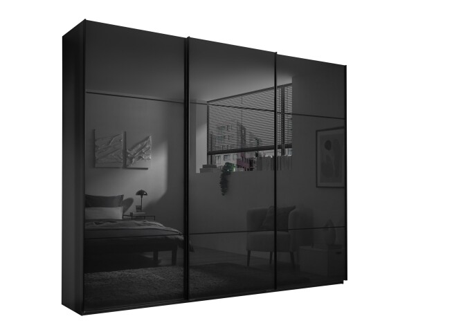 Schwebetürenschrank >Minda< in Schwarz, Melamin + Glas - 270x225x62cm (BxHxT)