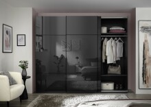 Schwebetürenschrank >Minda< in Schwarz, Melamin + Glas - 270x225x62cm (BxHxT)