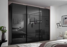 Schwebetürenschrank >Minda< in Schwarz, Melamin + Glas - 270x225x62cm (BxHxT)
