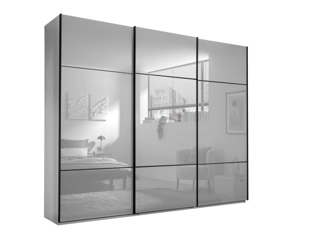 Schwebetürenschrank >Minda< in Weiß, Melamin + Glas - 270x225x62cm (BxHxT)