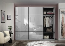 Schwebetürenschrank >Minda< in Weiß, Melamin + Glas - 270x225x62cm (BxHxT)
