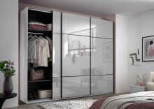 Schwebetürenschrank >Minda< in Weiß, Melamin + Glas - 270x225x62cm (BxHxT)