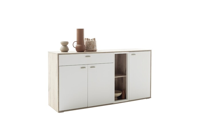Sideboard >SANTERNO< 3 Türen, 1 Schub, Soft withe / Eiche Dekor - 168x85x44 (BxHxT)