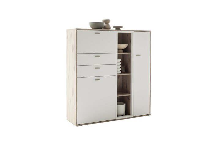 Highboard >SANTERNO< 2 Türen, 2 Schübe, Fächer, Soft withe / Eiche Dekor - 124x133x37 BxHxT