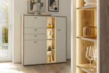 Highboard >SANTERNO< 2 Türen, 2 Schübe, Fächer, Soft withe / Eiche Dekor - 124x133x37 BxHxT