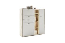 Highboard >SANTERNO< 2 Türen, 2 Schübe, Fächer, Soft withe / Eiche Dekor - 124x133x37 BxHxT