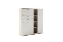 Highboard >SANTERNO< 2 Türen, 2 Schübe, Fächer, Soft withe / Eiche Dekor - 124x133x37 BxHxT