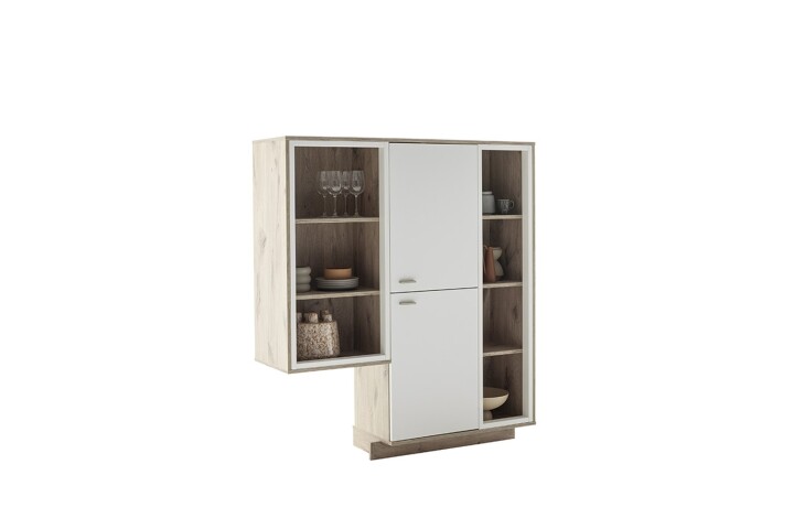 Highboard >SANTERNO< 2 Türen, in Soft withe / Viking Eiche Dekor - 124x140x37 (BxHxT)