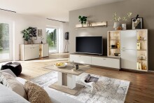 Highboard >SANTERNO< 2 Türen, in Soft withe / Viking Eiche Dekor - 124x140x37 (BxHxT)