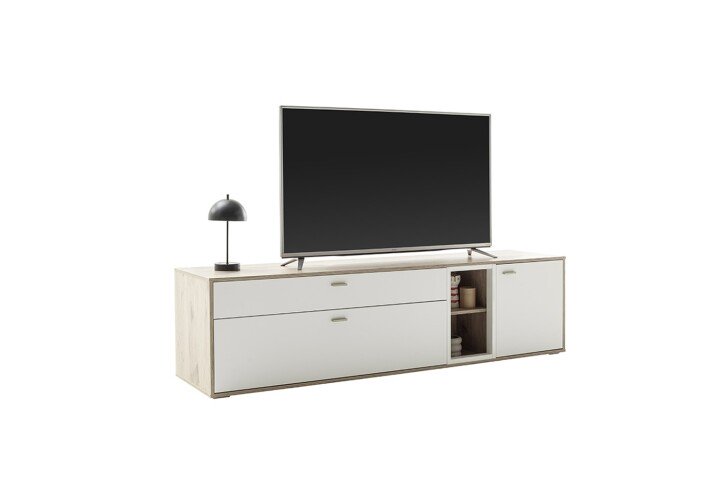 Lowboard >SANTERNO< 2 Schübe, 1 Tür, Soft withe / Viking Eiche Dekor - 199x53x50 (BxHxT)